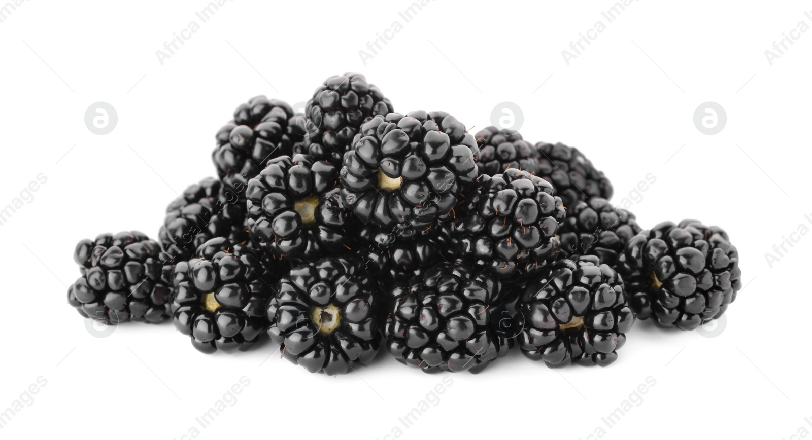 Photo of Many tasty ripe blackberries on white background