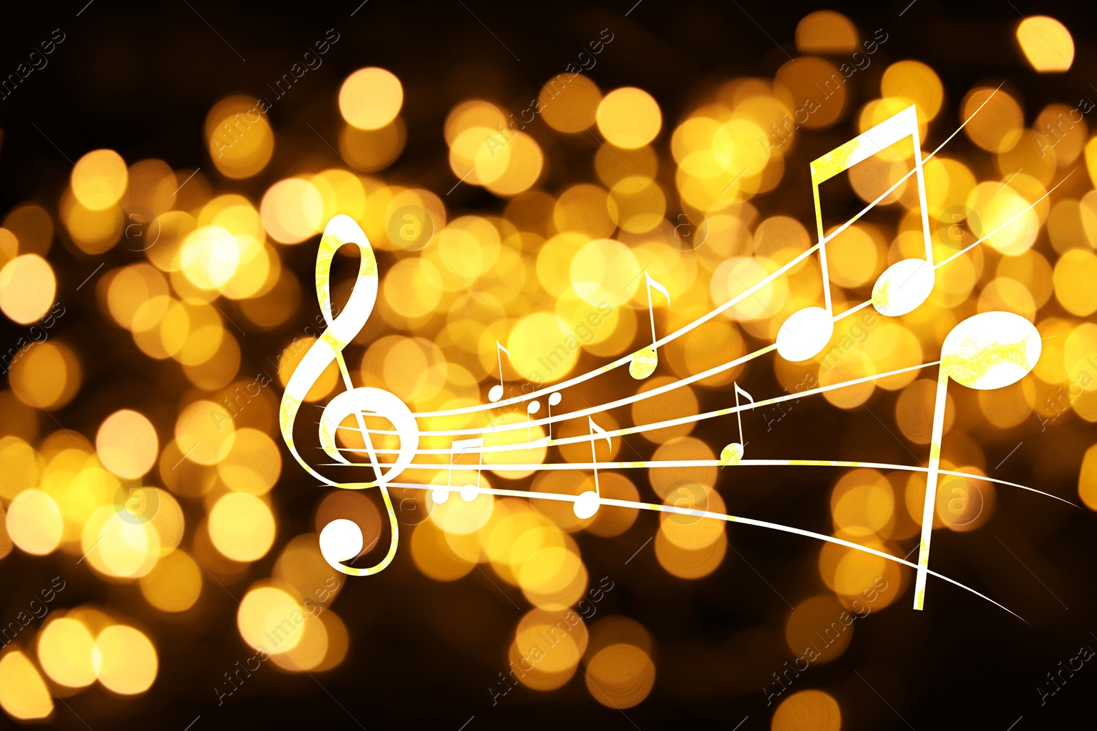 Image of Music notes on dark background, bokeh effect