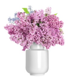 Photo of Beautiful lilac flowers in vase isolated on white