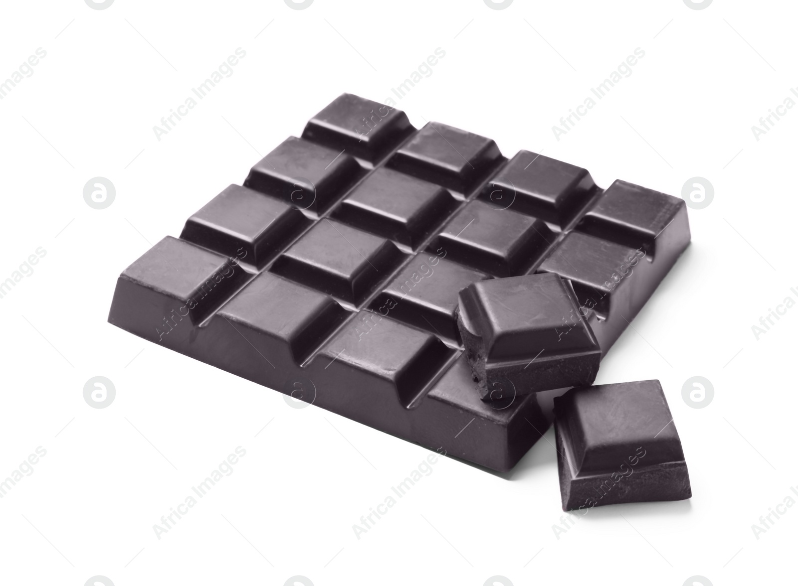 Photo of Pieces of delicious dark chocolate isolated on white