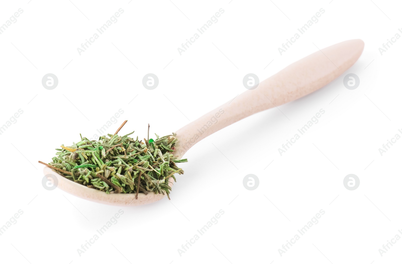 Photo of Spoon of dried thyme isolated on white