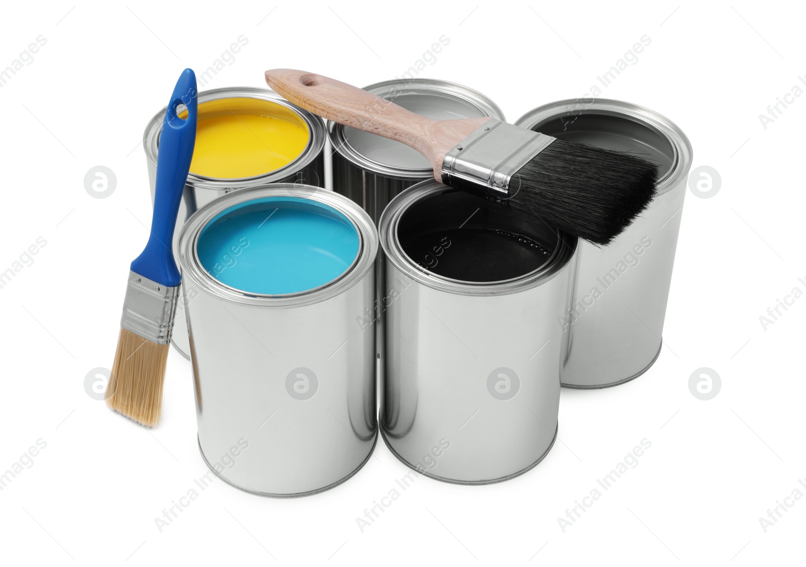 Photo of Cans with different paints and brushes on white background