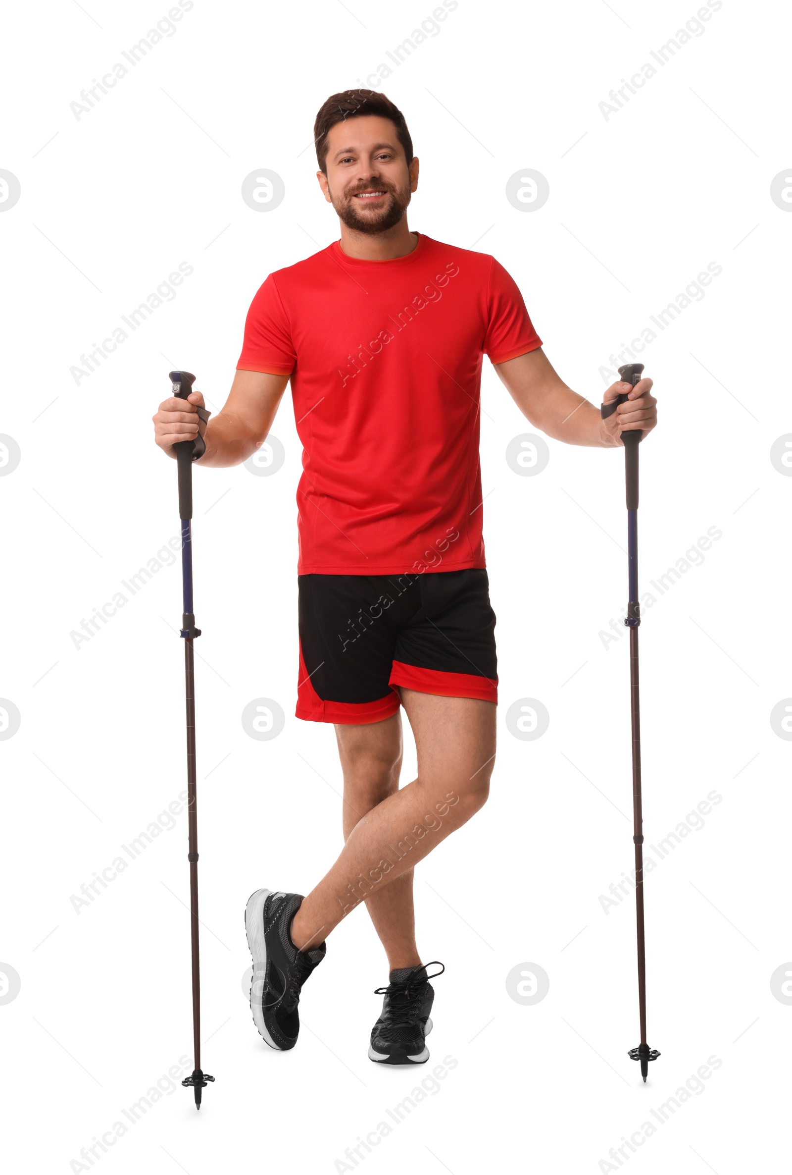 Photo of Man with poles for Nordic walking isolated on white