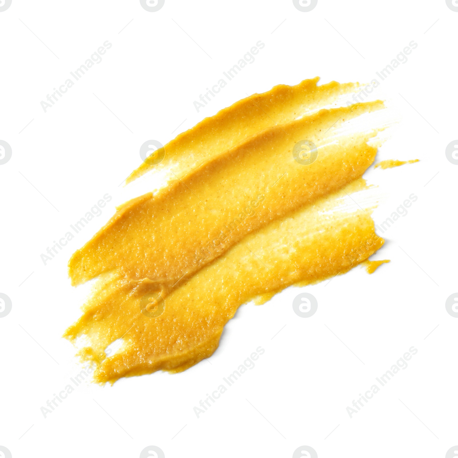 Photo of Fresh tasty mustard sauce isolated on white, top view