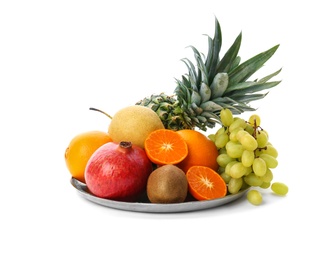 Photo of Plate with fresh tropical fruits on white background