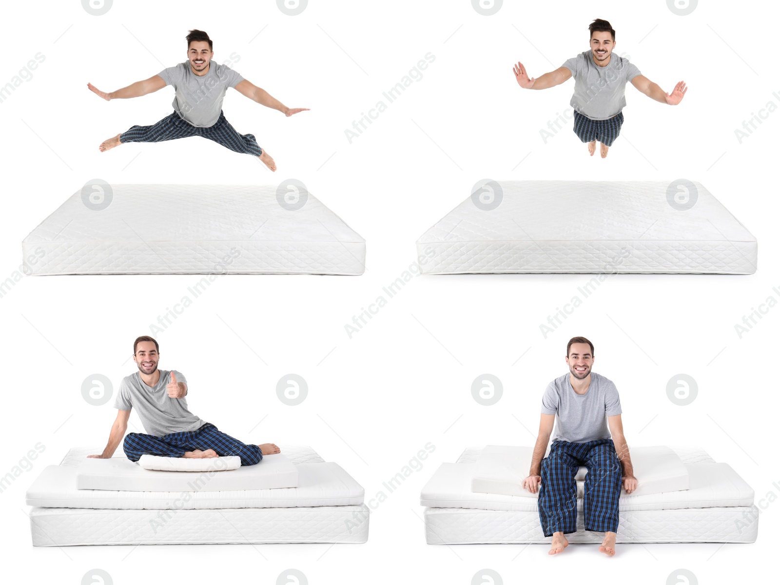 Image of Collage with photos of young men and mattresses on white background