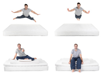 Image of Collage with photos of young men and mattresses on white background