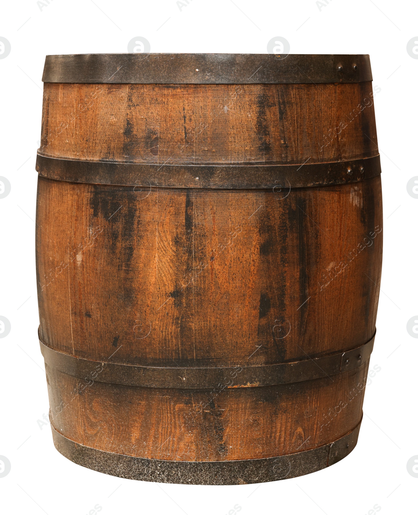 Image of One wooden barrel with metal hoops isolated on white