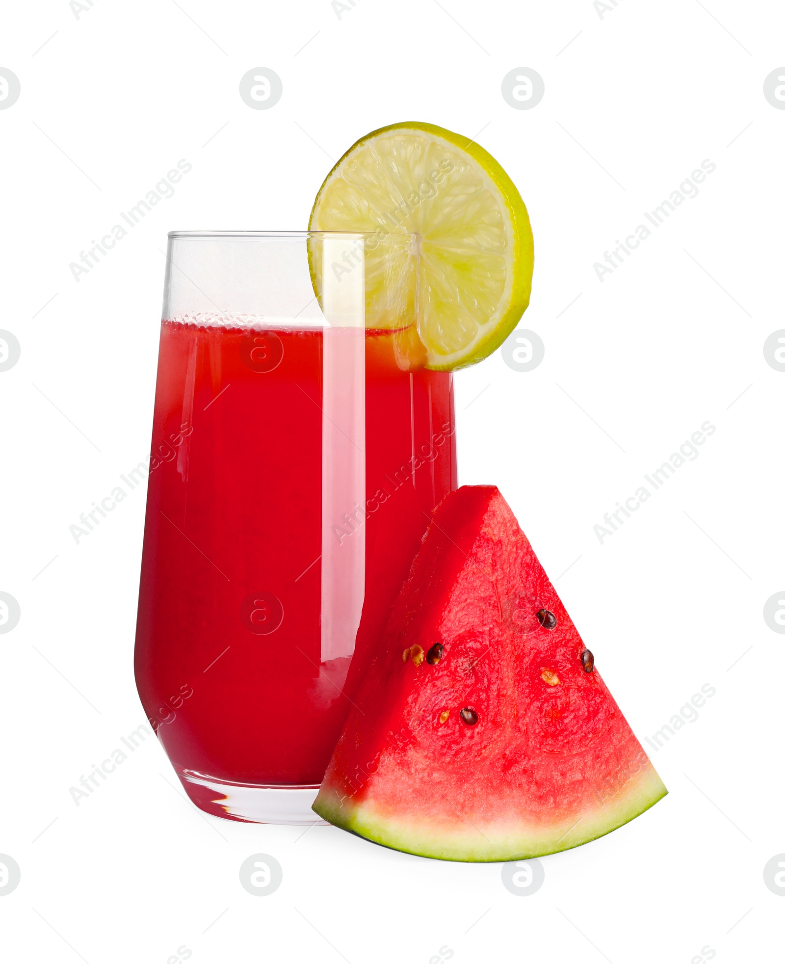 Photo of Tasty watermelon drink and slice of lime isolated on white