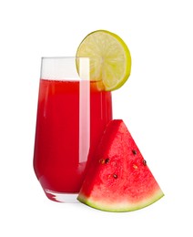 Photo of Tasty watermelon drink and slice of lime isolated on white