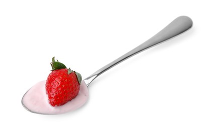Photo of Spoon with yogurt and strawberry isolated on white