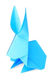 Light blue paper bunny isolated on white. Origami art