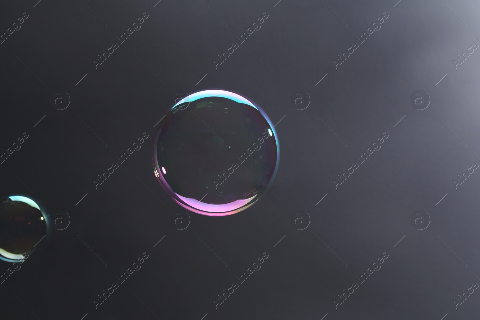 Photo of Beautiful transparent soap bubbles on gray background