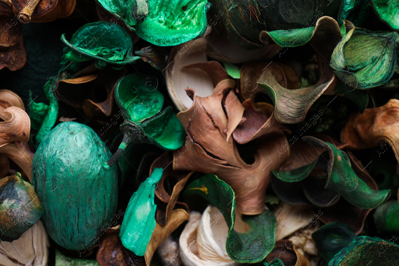 Photo of Scented potpourri of dried flowers as background, top view