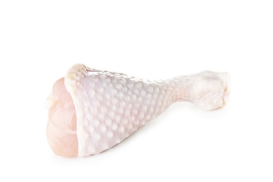 Photo of Raw chicken drumstick on white background. Fresh meat