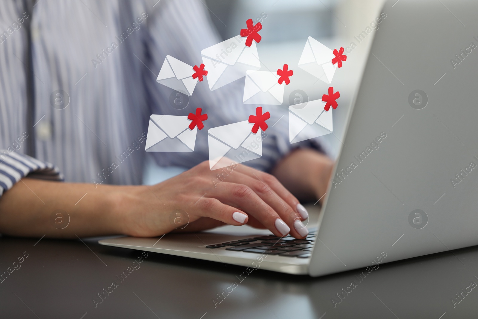 Image of Woman using laptop at table, closeup. Spam message notifications above device, illustration