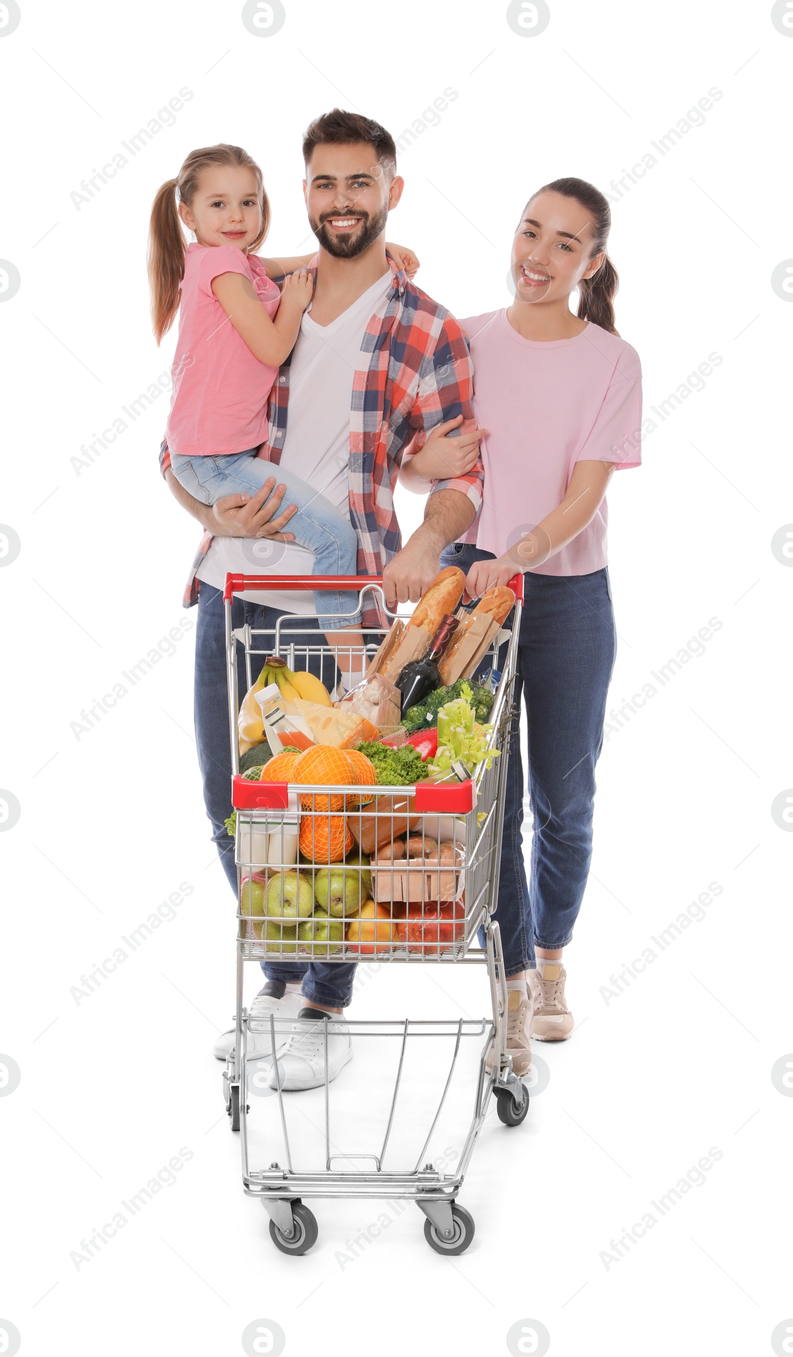 Photo of Happy family with shopping cart full of groceries on white background