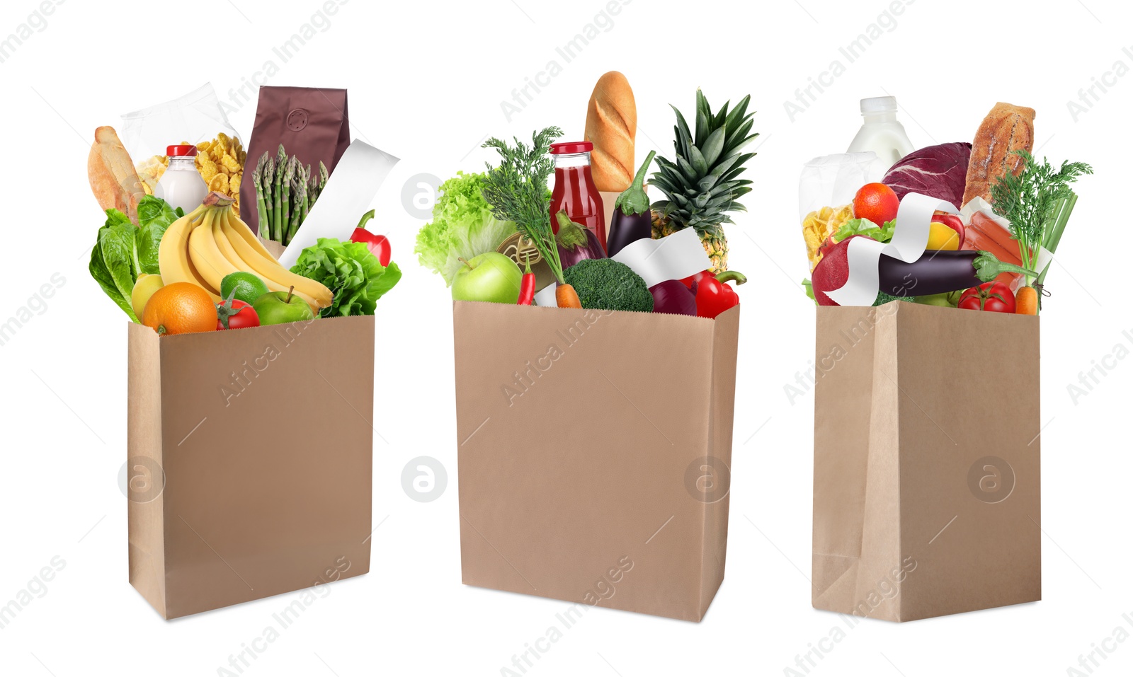 Image of Paper bags with different products and receipts isolated on white, collection