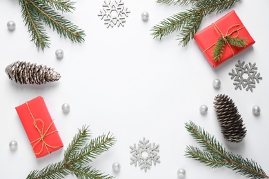 Photo of Flat lay composition with Christmas decorations on white background, space for text