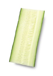 Photo of Slice of fresh cucumber isolated on white, top view