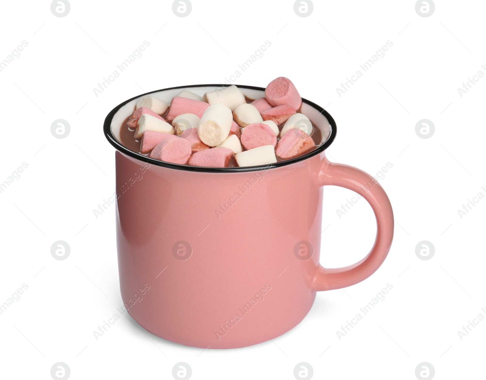 Photo of Cup of delicious hot chocolate with marshmallows isolated on white