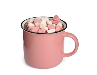 Photo of Cup of delicious hot chocolate with marshmallows isolated on white