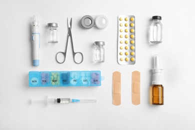 Photo of Composition with medical objects on white background, top view