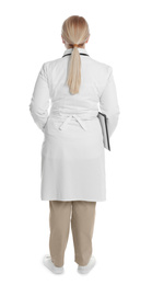 Doctor in clean uniform with clipboard on white background