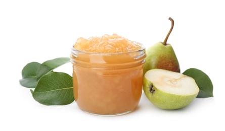 Photo of Delicious pear jam and fresh fruits on white background