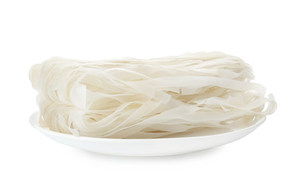 Plate with rice noodles isolated on white