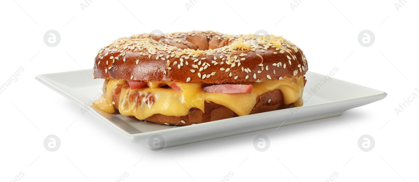 Photo of Delicious bagel with ham and cheese isolated on white