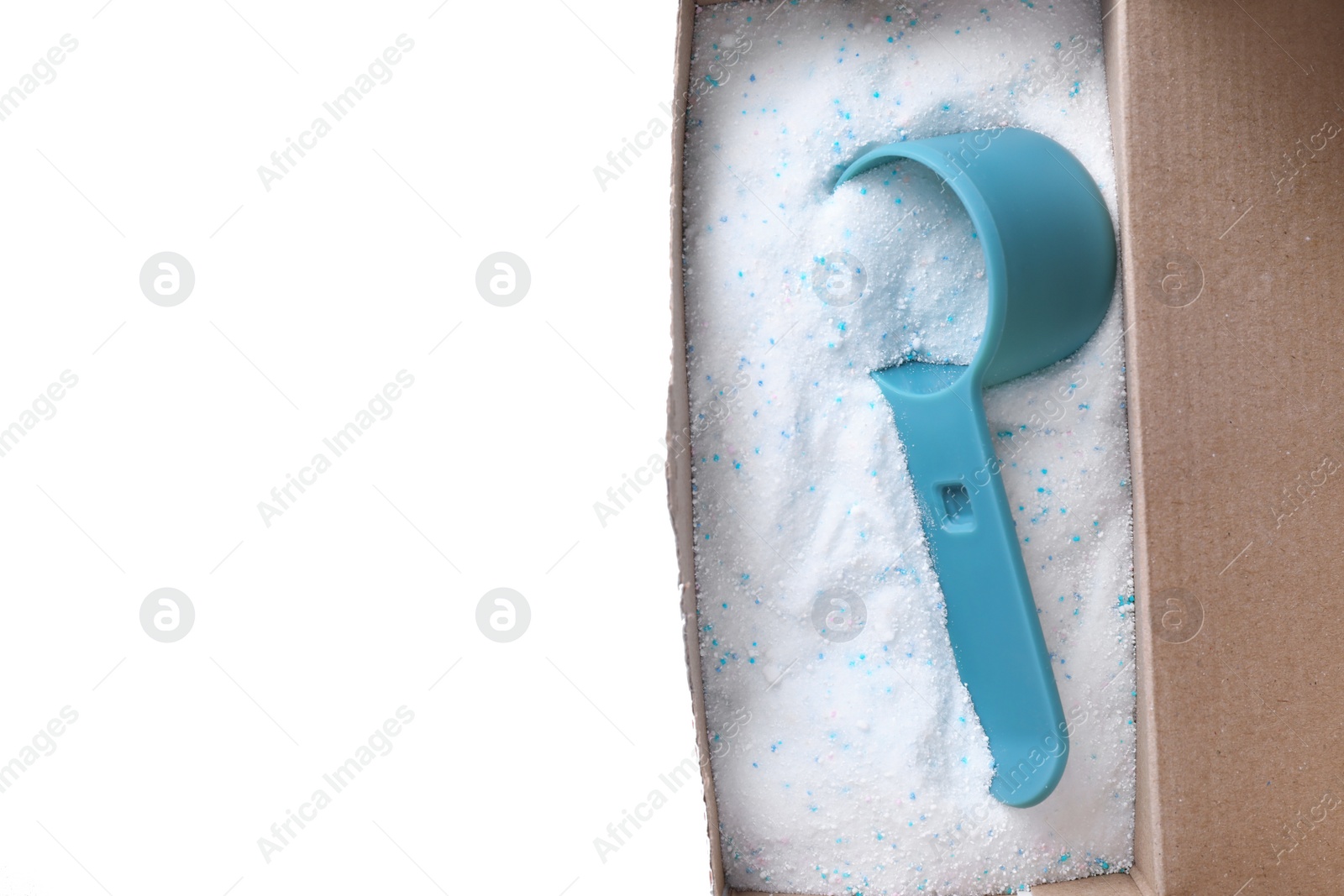 Photo of Open box with laundry powder and measuring spoon isolated on white, top view