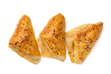 Photo of Fresh delicious puff pastry with cheese on white background, top view