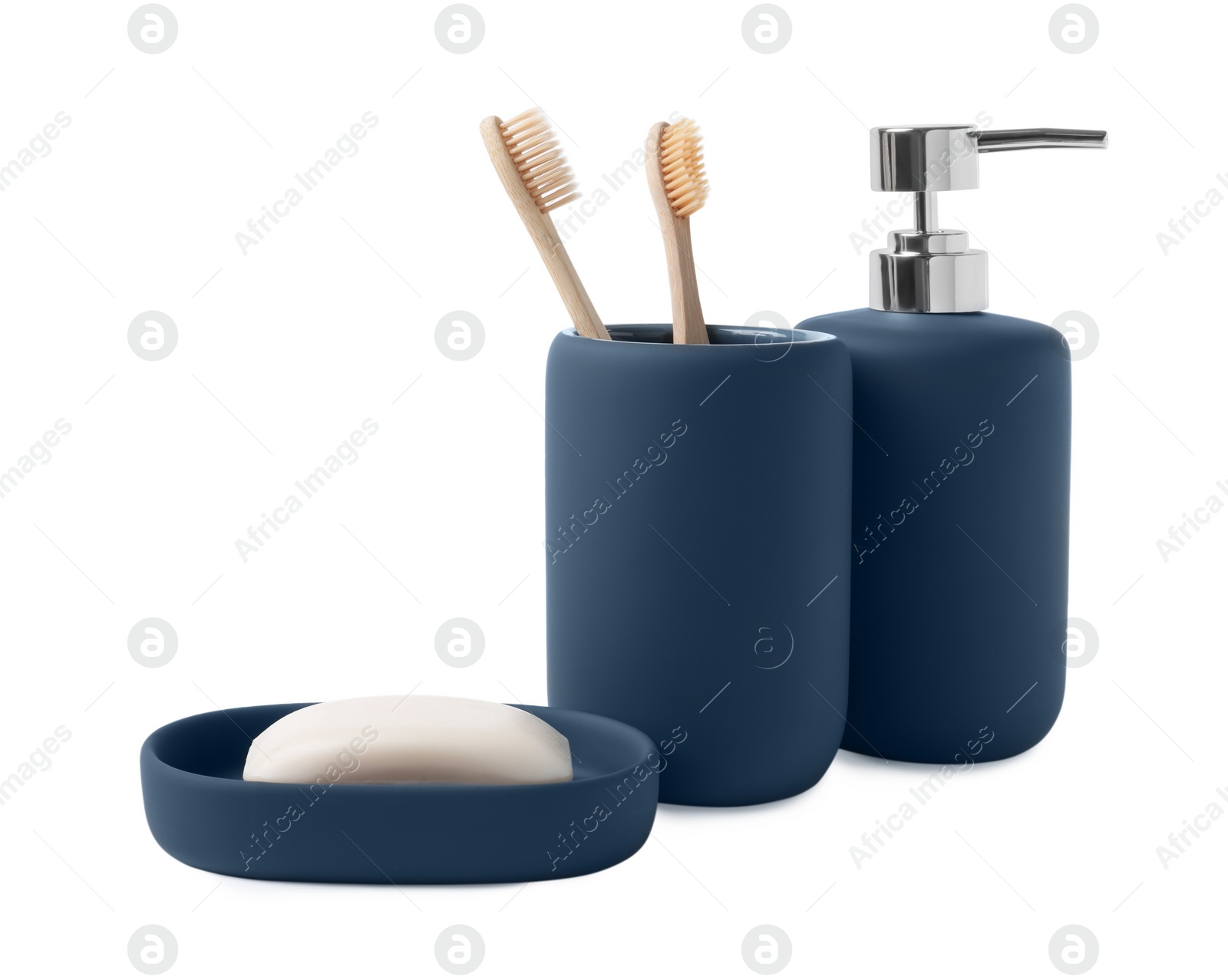 Photo of Bath accessories. Different personal care products isolated on white