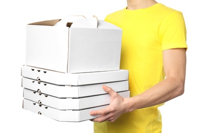 Courier with boxes on white  background, closeup. Food delivery service