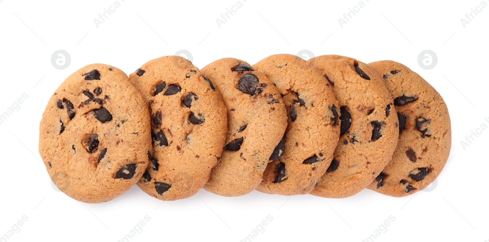 Photo of Delicious chocolate chip cookies isolated on white, top view