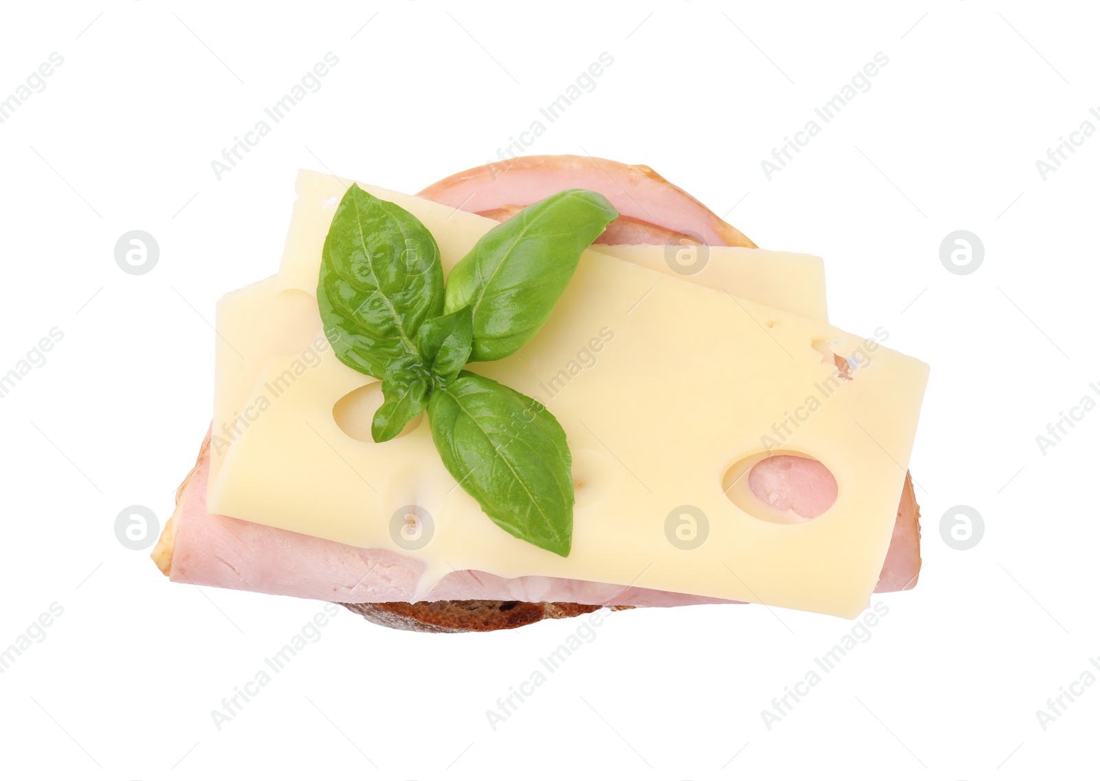 Photo of Delicious sandwich with ham and cheese isolated on white, top view