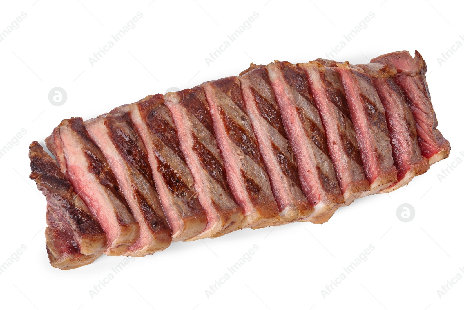 Photo of Delicious grilled beef steak isolated on white, top view