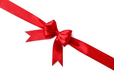 Photo of Red satin ribbon with bow isolated on white, top view