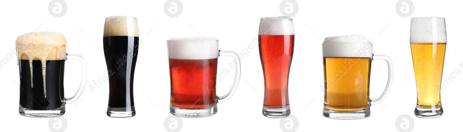 Image of Set with glasses of cold tasty beer on white background. Banner design