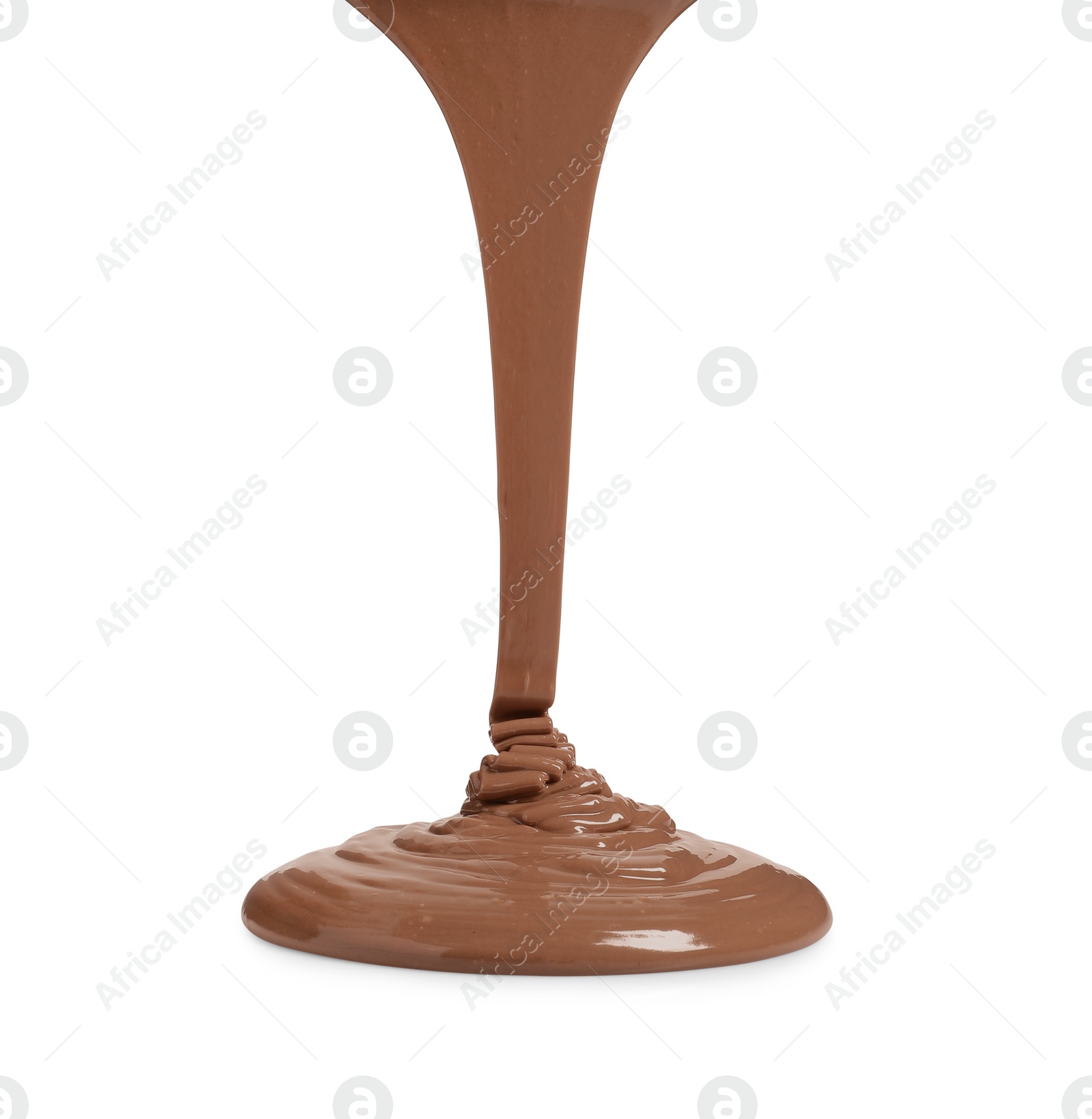 Photo of Pouring tasty melted milk chocolate isolated on white