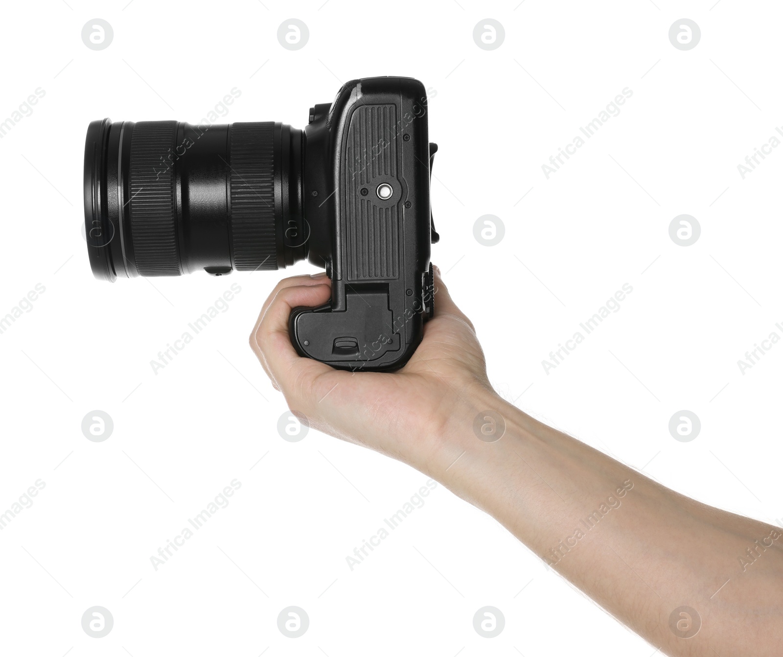 Photo of Photographer holding modern camera on white background, closeup