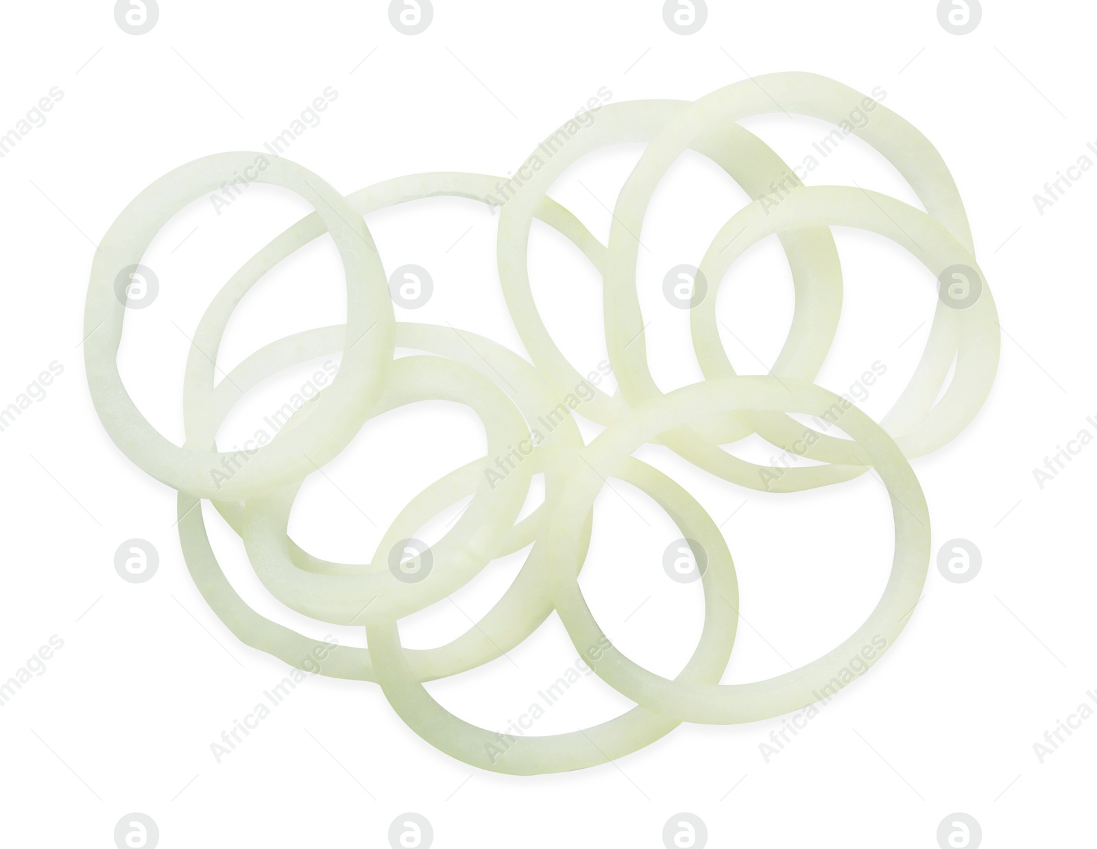 Photo of Fresh ripe onion rings on white background, top view