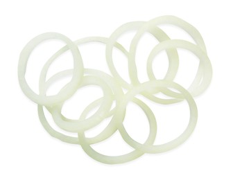 Fresh ripe onion rings on white background, top view