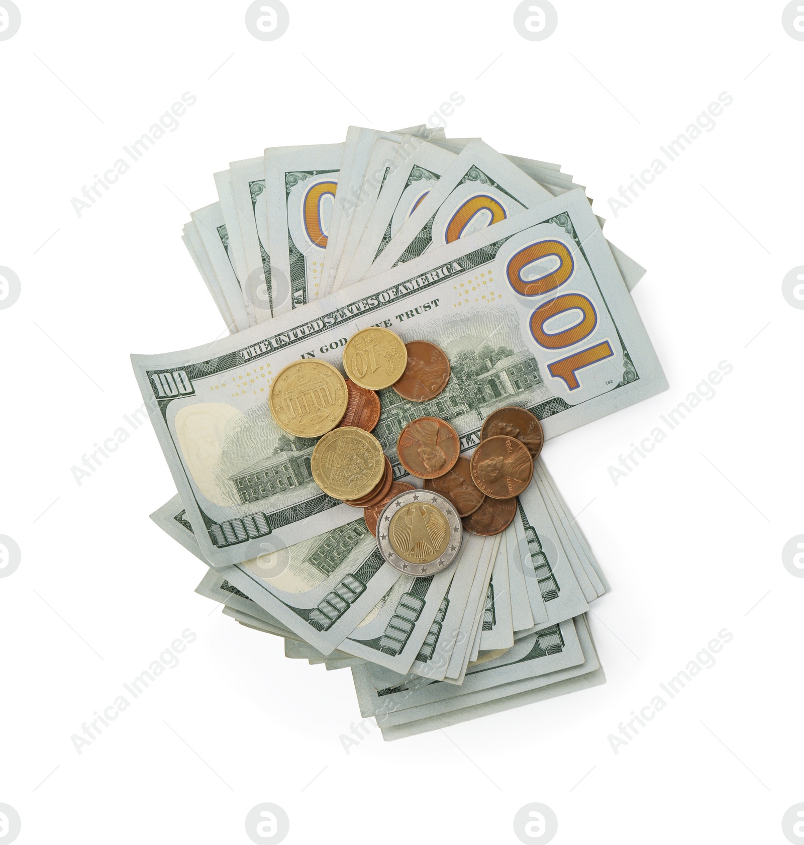 Photo of Dollar bills and coins isolated on white, top view