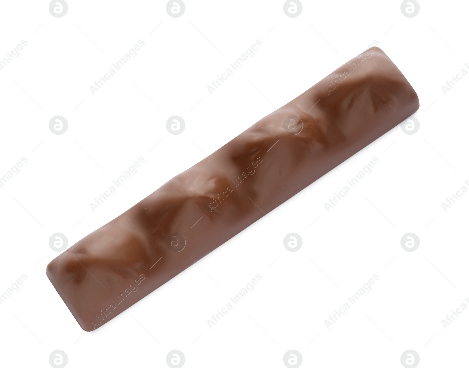 Photo of Sweet tasty chocolate bar isolated on white, top view