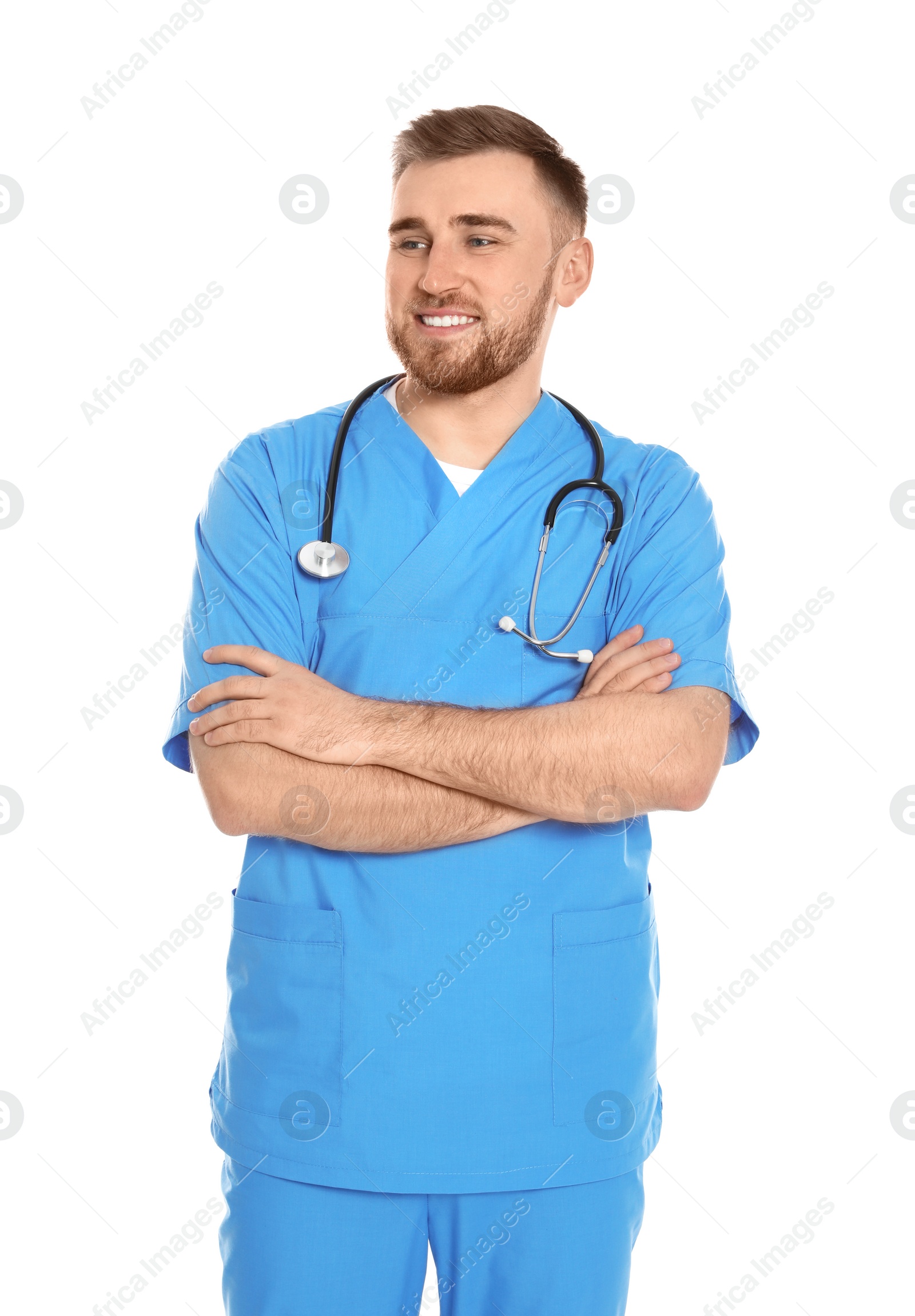 Photo of Portrait of medical doctor with stethoscope isolated on white