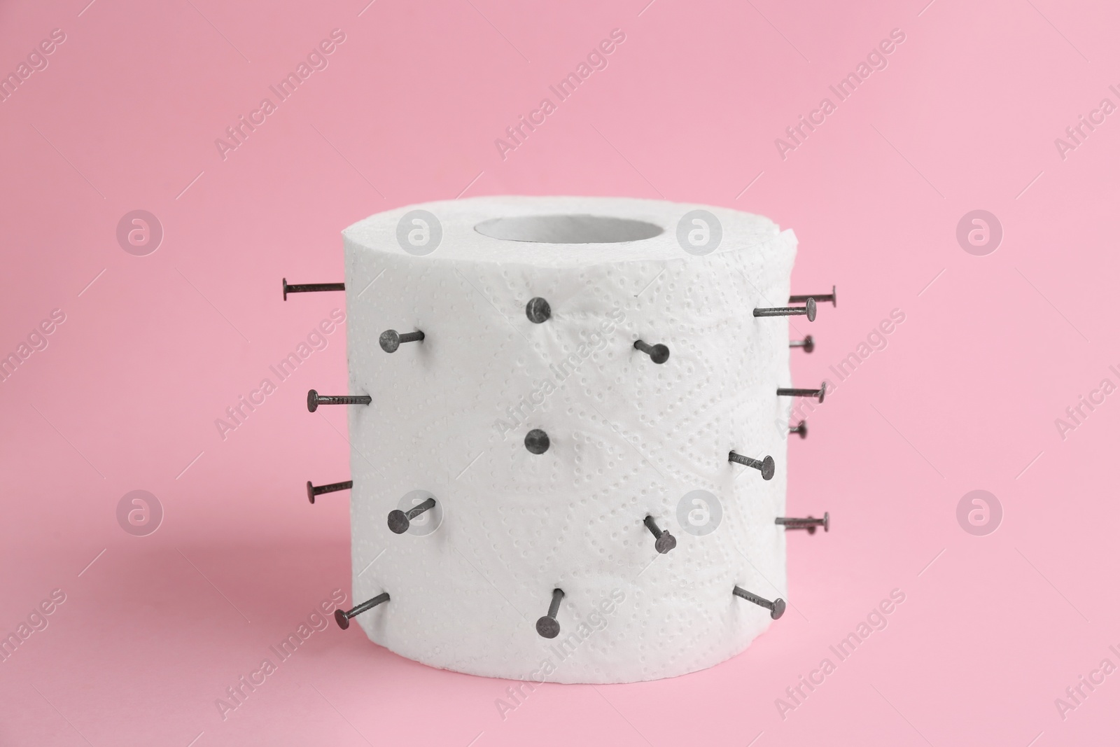 Photo of Roll of toilet paper with nails on pink. Hemorrhoid problems