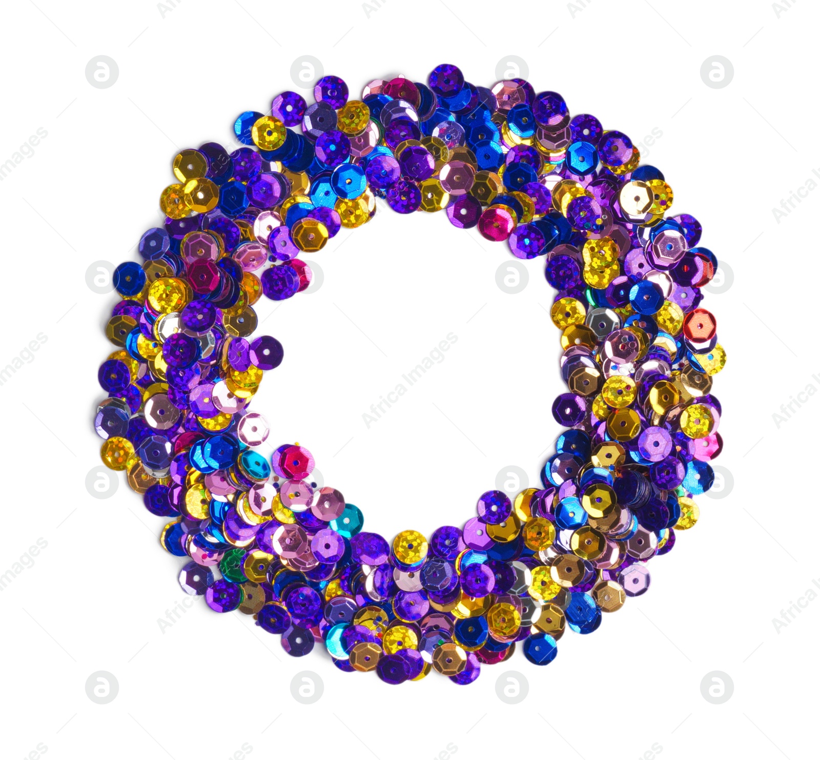 Photo of Pile of colorful sequins isolated on white, top view