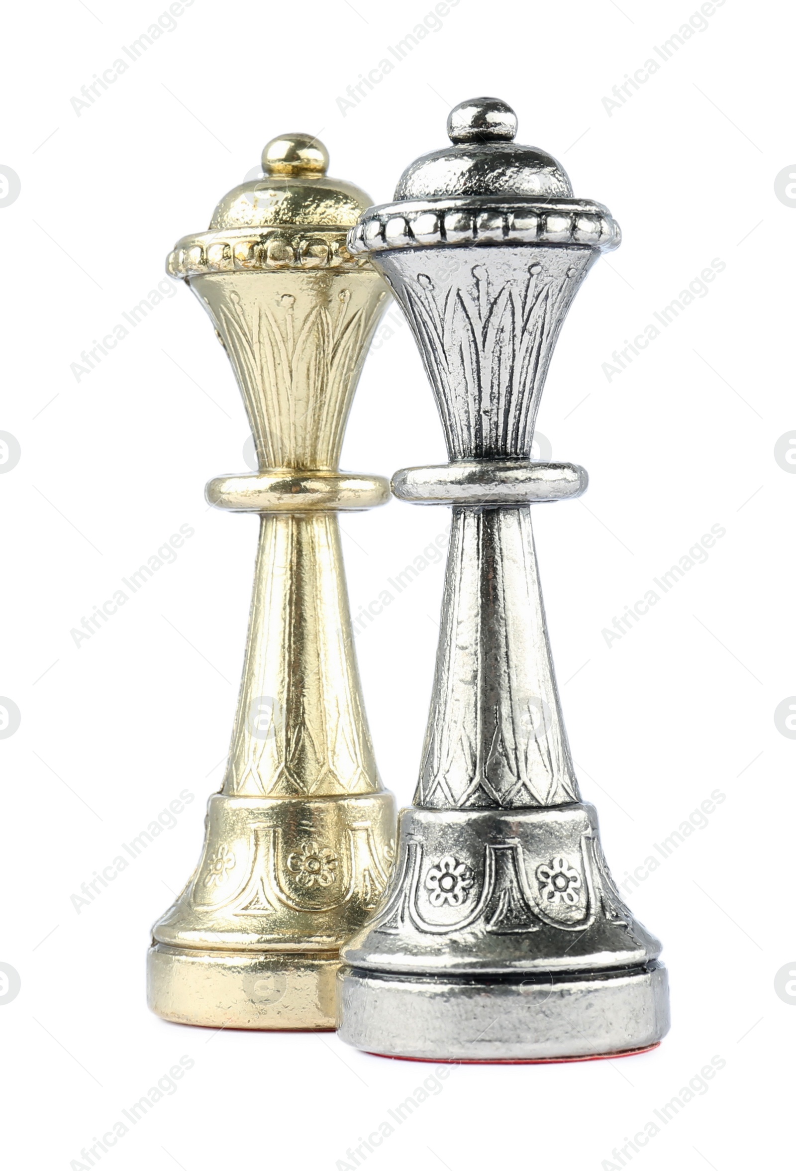 Photo of Silver and golden queens on white background. Chess pieces